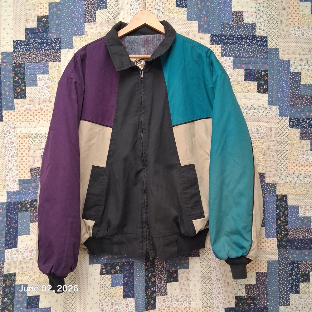 Vtg 90s Colorblock Bomber Jacket Blanket Lined Dolman Sleeve Boxy Adult XL L